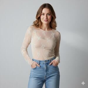 Ethereal Cream Mesh Long Sleeve Blouse Top Size Small Floral Embroidery Coquette